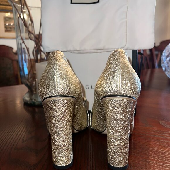 Gucci Marmont gold glitter fringe double G pumps, 4" heels - Picture 2 of 3